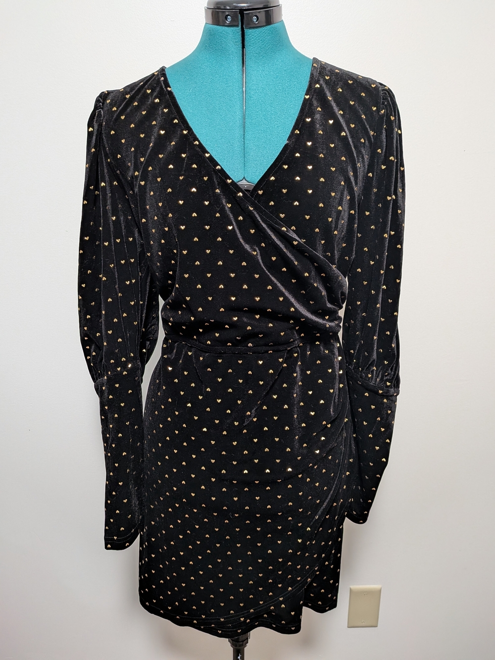 Saint Genies Black Velvet Faux Wrap Dress Metallic Gold Hearts Holiday